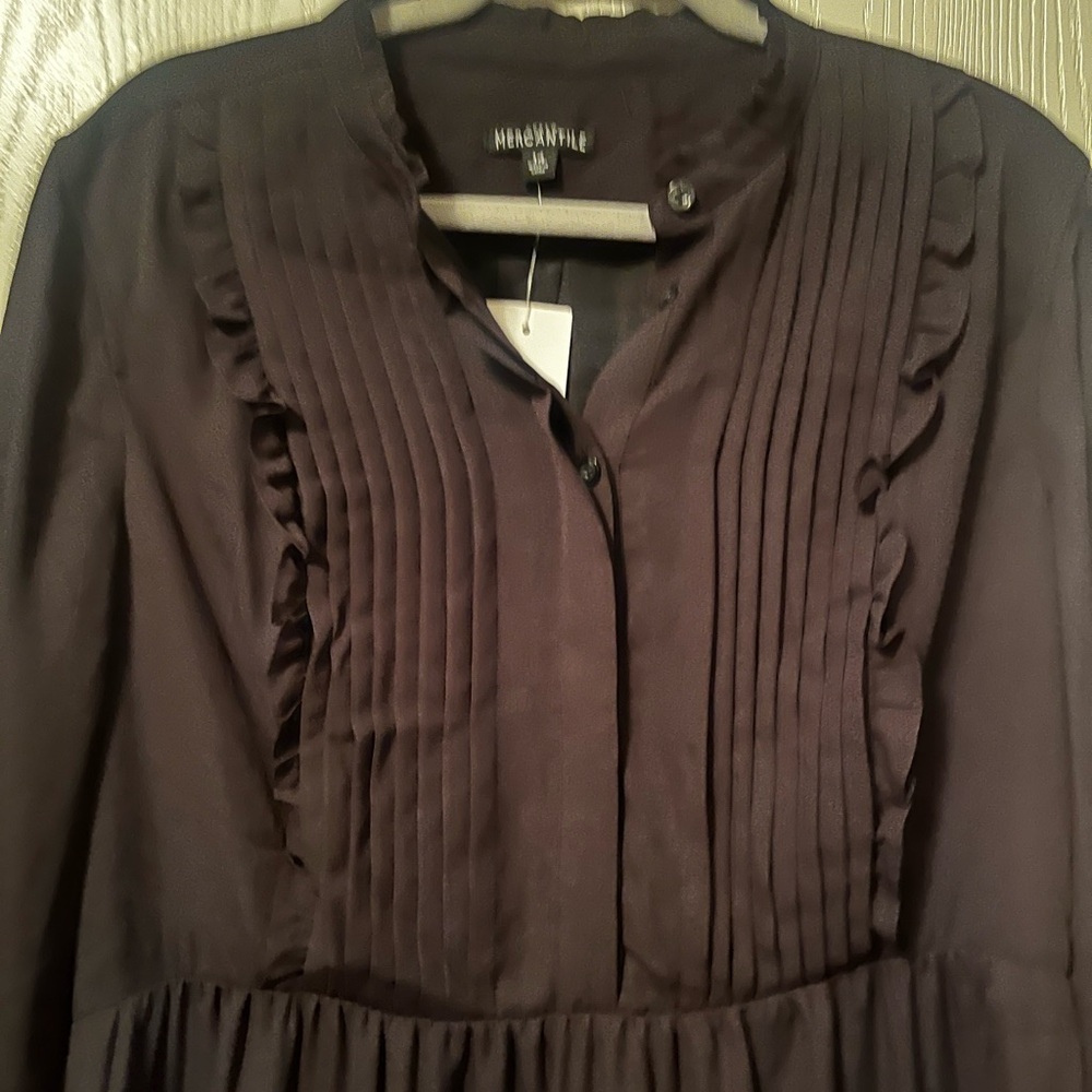 NWT J. Crew Mercantile Black Ruffle Trim Pintuck Long Sleeve Mini Dress Size 14 - Picture 3 of 12